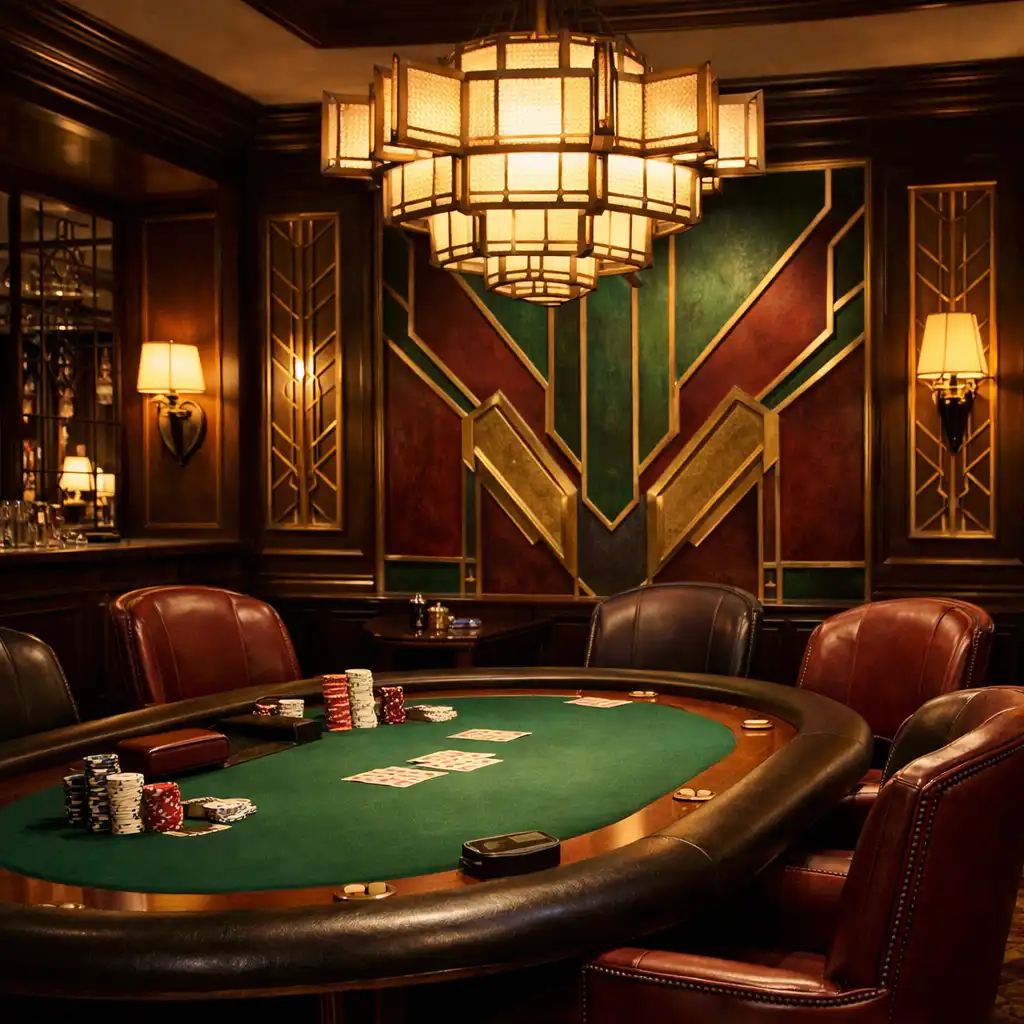 Interiér Card Lounge s pokerovým stolem, Art Deco detaily, smaragdovými a bordó akcenty a teplým osvětlením