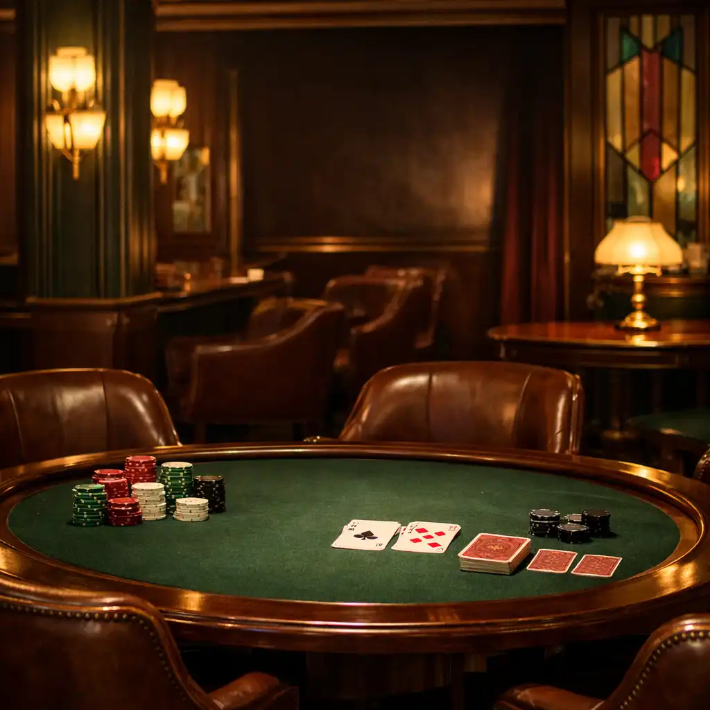 Atmosféra card lounge Lahod Natalirna s pokerovým stolem, koženými židlemi a teplým osvětlením