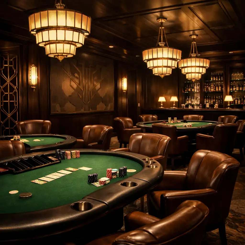 Card Lounge s profesionálními pokerovými stoly, tmavým dřevem a intimním osvětlením