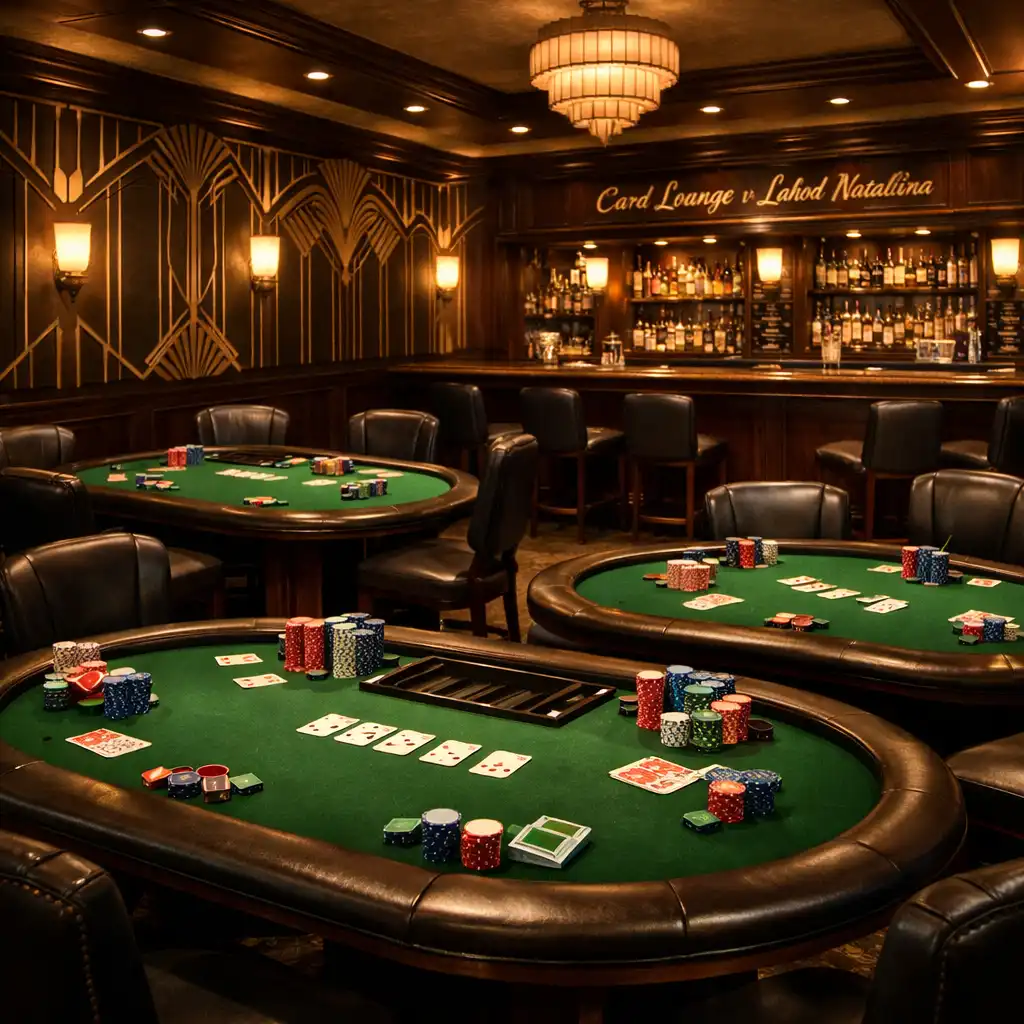 Card Lounge s pokerovými stoly a barovým pultem