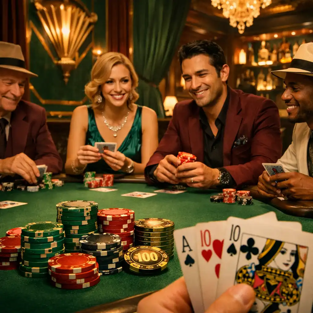Interiér card lounge s hráči u pokerového stolu v Art Deco stylu