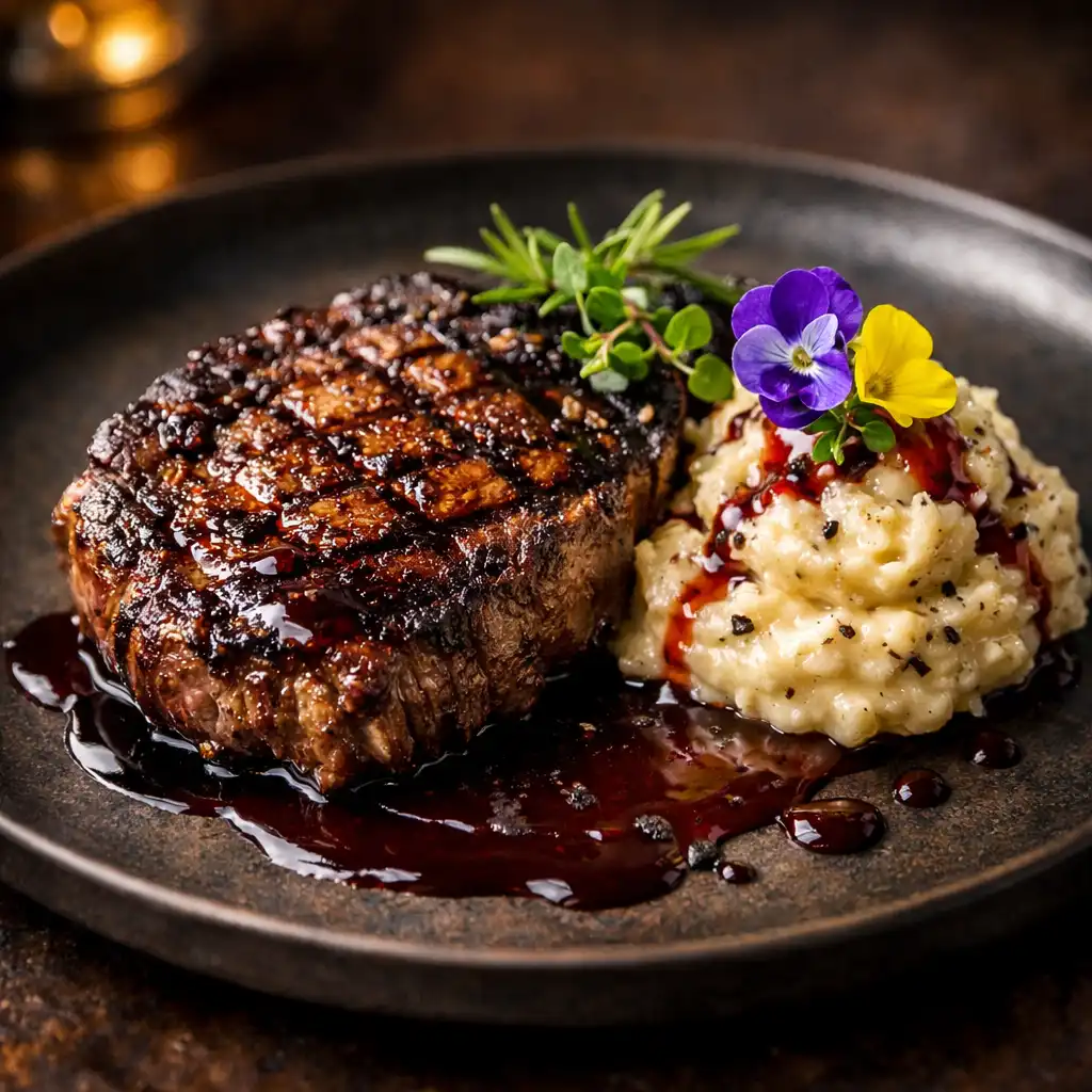 Pokerový steak s lanýžovou kaší a redukcí z červeného vína