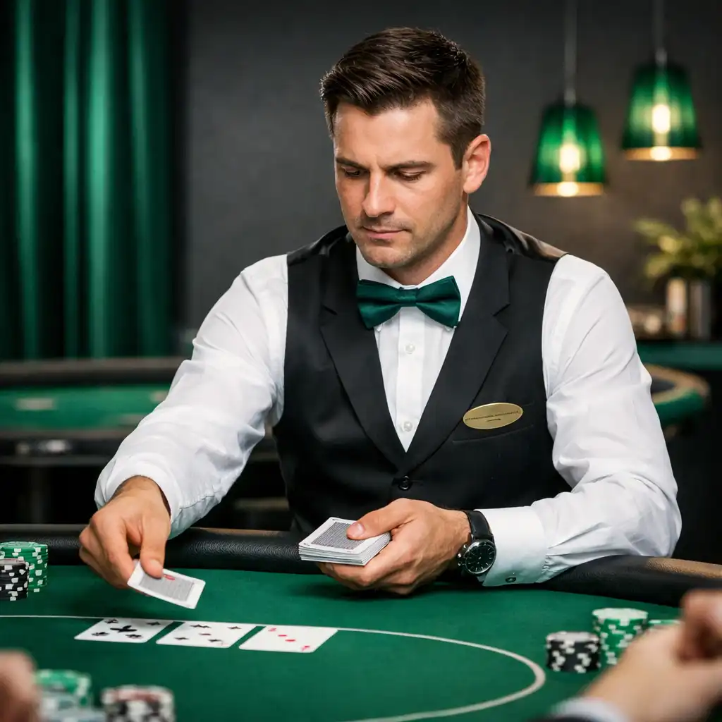 Profesionální dealer u pokerového stolu rozdává karty