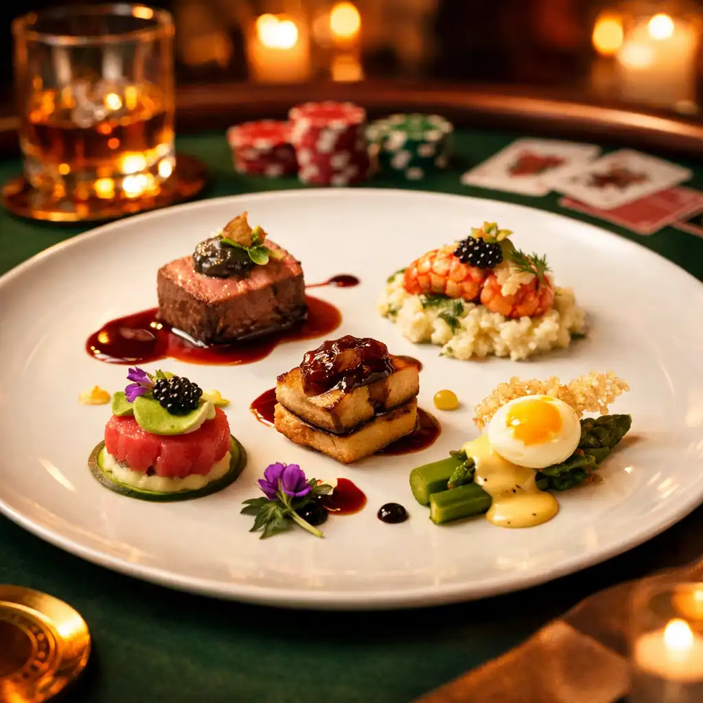 Detail degustačního menu na elegantním talíři s rozmazaným pokerovým stolem v pozadí