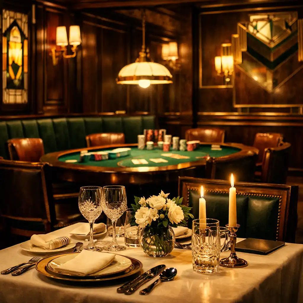 Elegantní Art Deco restaurace s prostřeným stolem a pokerovým stolem v pozadí