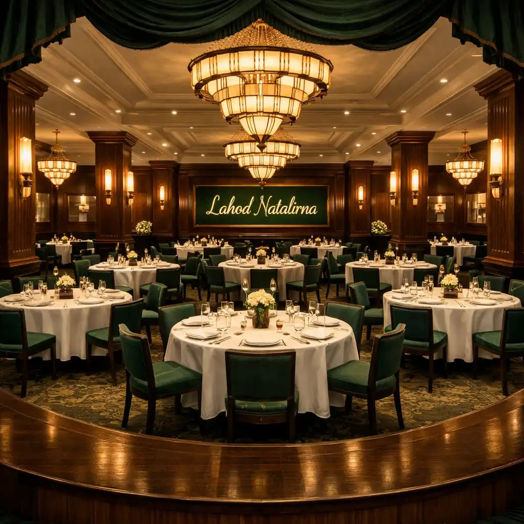 Hlavní restaurace s kulatými stoly a Art Deco lustry