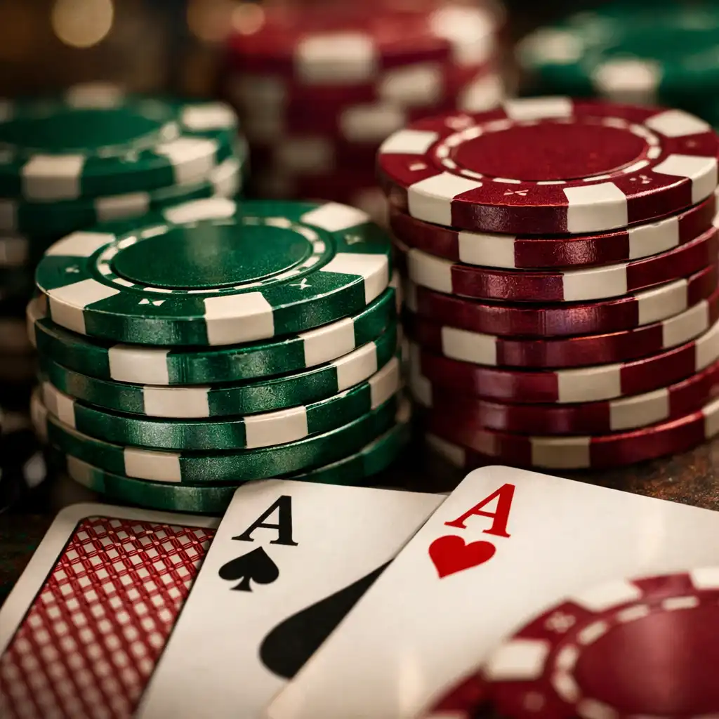 Detailní záběr na hromádky pokerových žetonů a karty