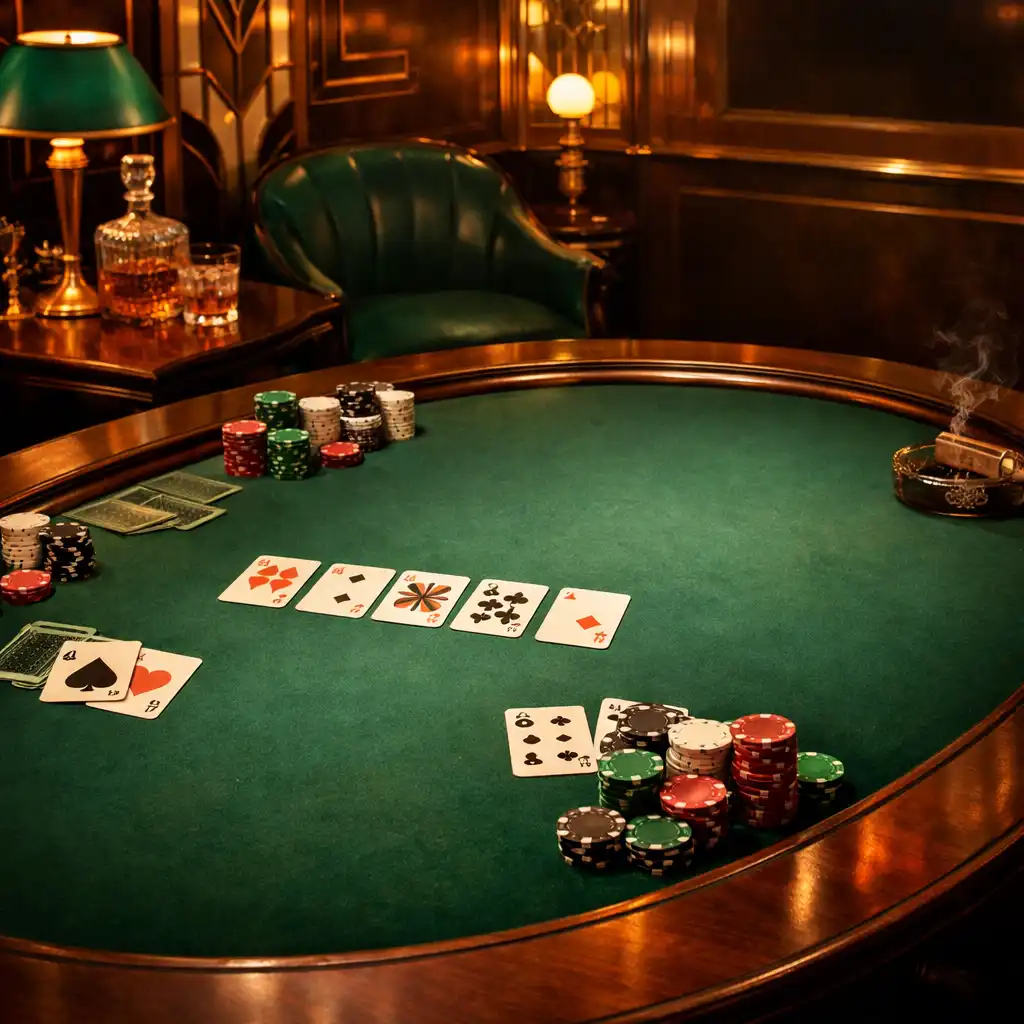 Atmosférický pokerový stůl v Art Deco salonku s kartami a žetony