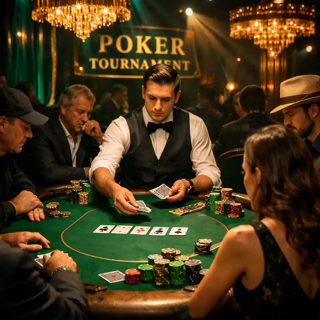 Pokerový turnaj v plném proudu s dealerem a soustředěnými hráči