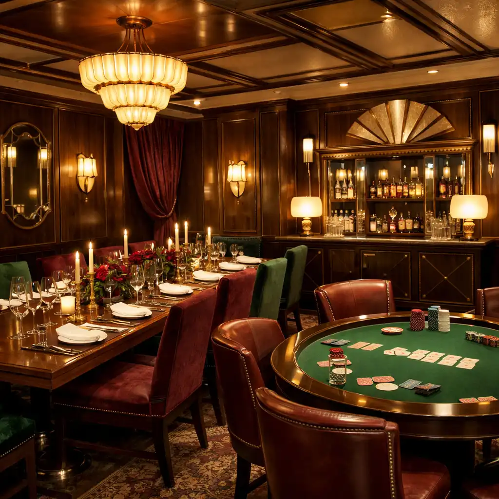 Soukromá jídelna v Art Deco stylu s prostřeným stolem a pokerovým stolem
