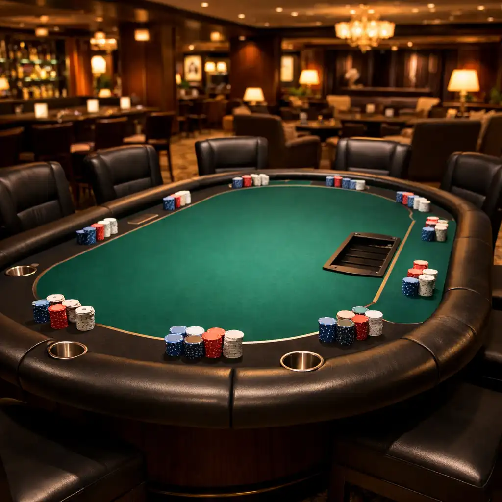 Turnajový pokerový stůl s vestavěnými držáky na nápoje a pohodlnými opěrkami