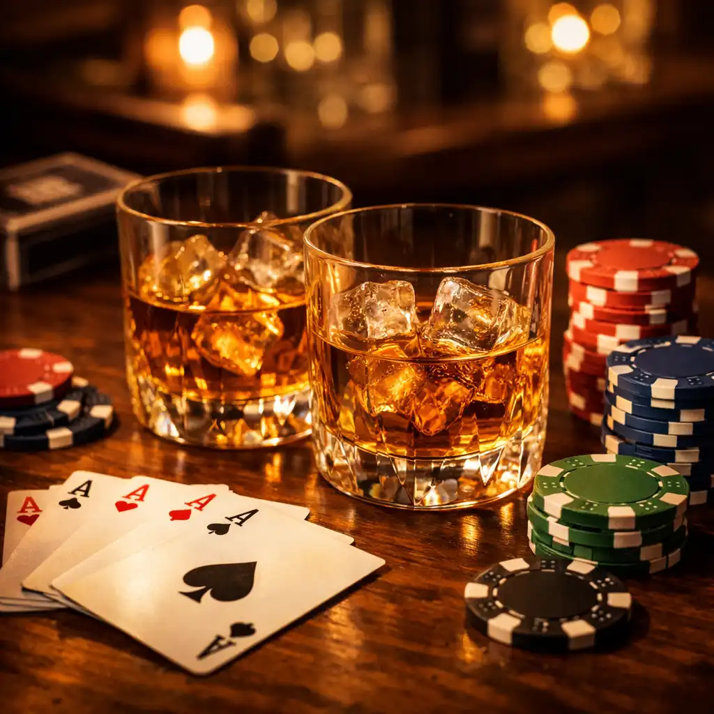 Skleničky s whisky na dřevěném stole vedle pokerových karet a žetonů